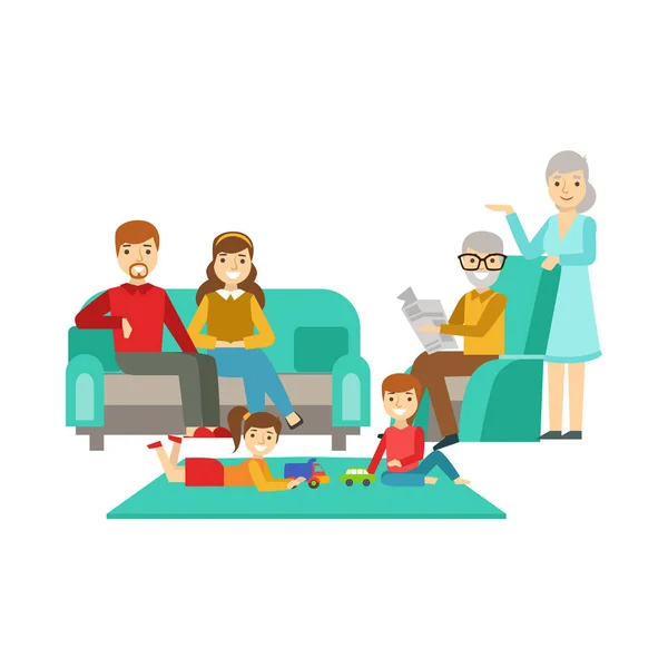 Pais e avós assistindo crianças brincam, família feliz se divertindo juntos ilustração —  Vetores de Stock