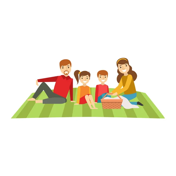 Padres e hijos haciendo picnic, familia feliz pasando un buen rato juntos ilustración — Vector de stock