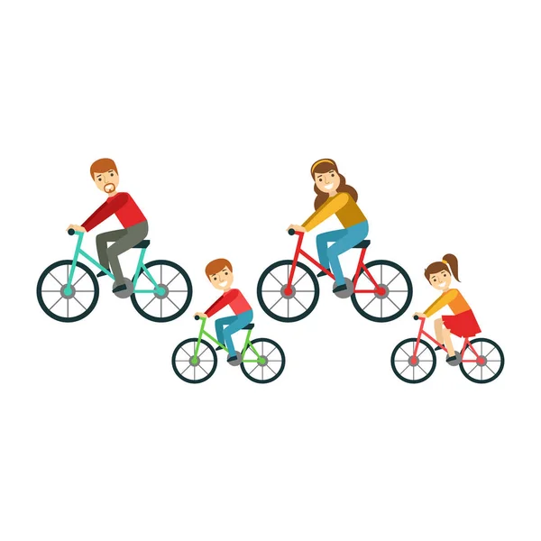 Genitori e bambini che vanno in bicicletta nel parco, famiglia felice che si diverte insieme Illustrazione — Vettoriale Stock