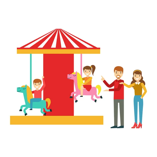Parents Watching Kid Riding On Merry-Go-Round, Happy Family Having Good Time Together Illustration — Stock Vector