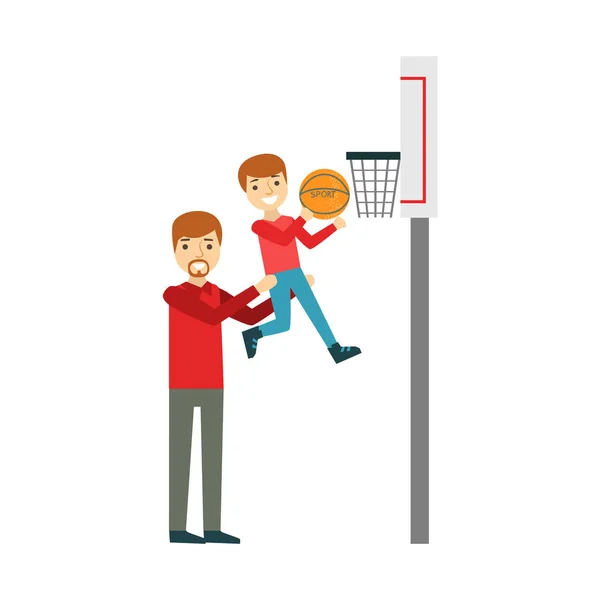 Çocuk ve basketbol, iyi zaman birlikte resimde sahip mutlu bir aile babası — Stok Vektör