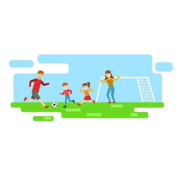 Ouders en kinderen voetballen, hebben goede tijd samen illustratie en gelukkige familie — Stockvector