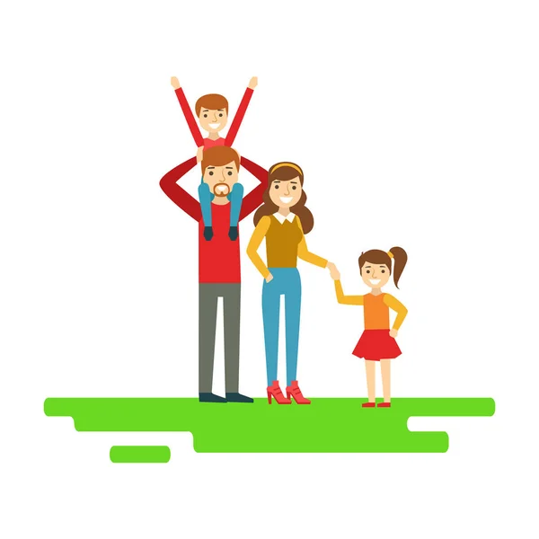 Pais e crianças segurando as mãos no parque, família feliz se divertindo juntos ilustração —  Vetores de Stock