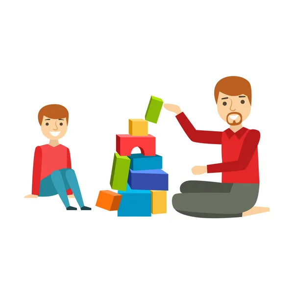 Father And A Boy Constructing From Blocks, Happy Family Having Good Time Together Illustration — Stock Vector