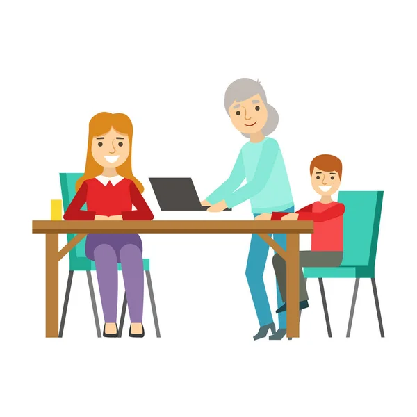 Madre, Niño y Abuela Usando Computadora, Familia Feliz Pasándola Bien Juntos Ilustración — Archivo Imágenes Vectoriales