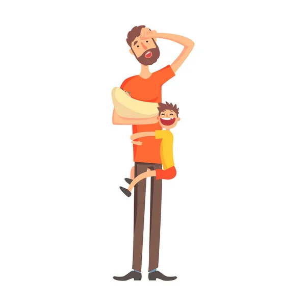 Padre sosteniendo a un bebé en brazos con otro niño colgando de su pierna, parte de la familia Miembros de la serie de personajes de dibujos animados — Vector de stock