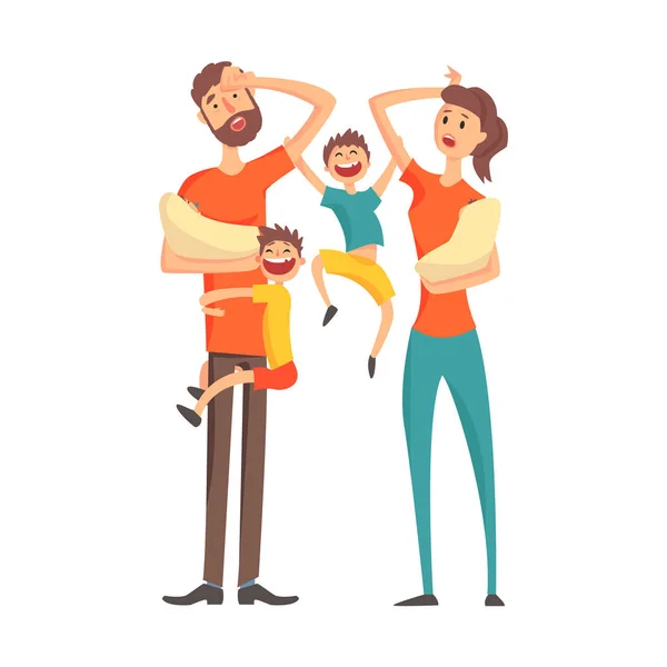 Jeunes parents fatigués avec deux bébés et deux fils plus âgés, faisant partie de la série des membres de la famille de personnages de bande dessinée — Image vectorielle