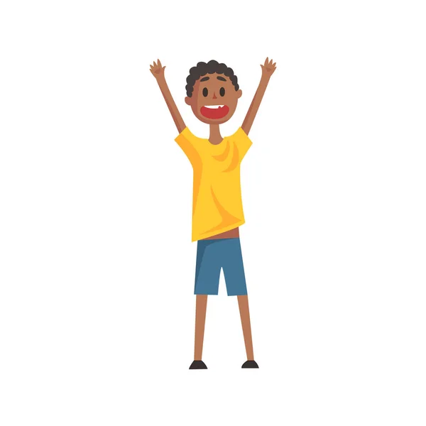 Lyckligt leende svart pojke skriker och hejar, del av familjemedlemmar serie seriefigurer — Stock vektor