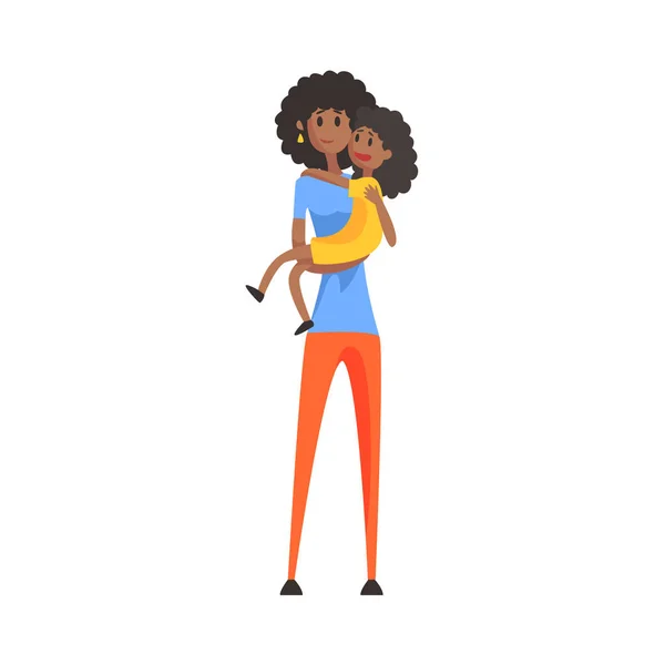 Donna nera che tiene giovane figlia in armi sorridente, parte dei membri della famiglia serie di personaggi dei cartoni animati — Vettoriale Stock