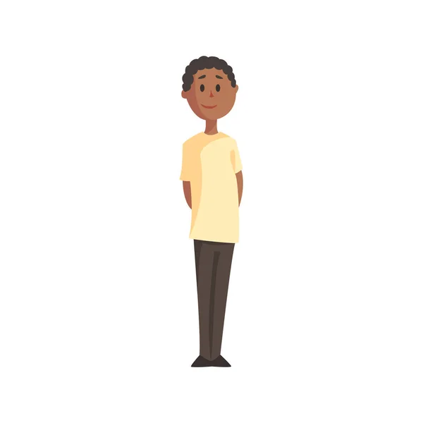 Adolescente negro chico en blanco camiseta y pantalones sonriendo, parte de la familia miembros serie de dibujos animados personajes — Vector de stock