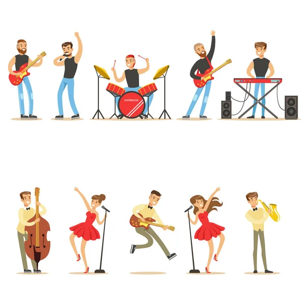 Artistas tocando instrumentos musicales y cantando en el escenario Serie de conciertos de músicos Personajes vectoriales de dibujos animados — Vector de stock