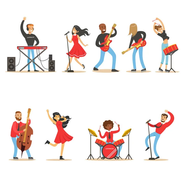 Artistas tocando instrumentos musicales y cantando en el escenario Conjunto de músicos Personajes vectoriales de dibujos animados — Vector de stock