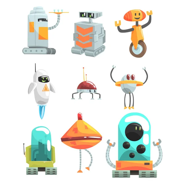 Διαφορετικό σχέδιο δημόσιας υπηρεσίας ρομπότ σετ πολύχρωμα καρτούν Androids απομονωμένα σχέδια — Διανυσματικό Αρχείο