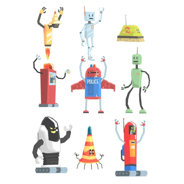 Colección de robots de servicio público de diseño diferente de dibujos animados coloridos androides dibujos aislados — Vector de stock