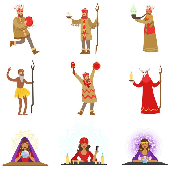 Шаманы разных культур и цыганские гадалки Набор персонажей мультфильмов, исполняющих оккультные ритуалы — стоковый вектор