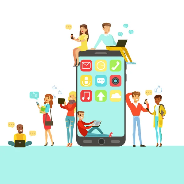 Mensen met verschillende moderne Gadgets met behulp van sociale netwerken rond reus Smartphone stripfiguren — Stockvector