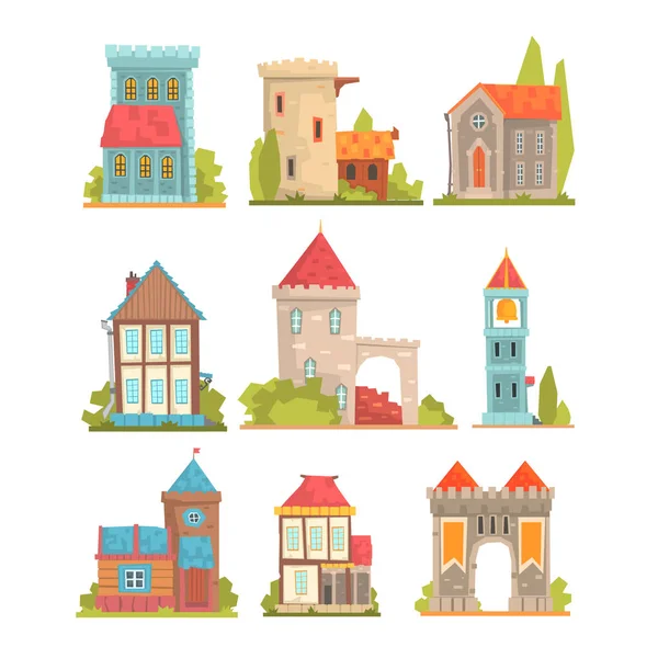 老和中世纪的历史建筑物组的欧洲建筑塔、 工事和城市房子 — 图库矢量图片