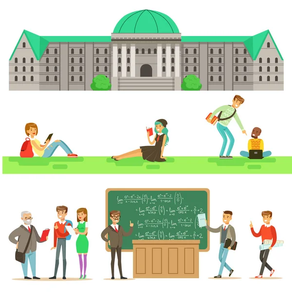 Egyetemi oktatás, a diákok és a tanárok csoportja, illusztrációk — Stock Vector