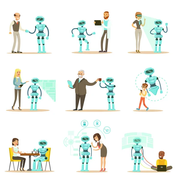 Smiling People And Robot Assistant, Set Of Characters And Service Android Companion — Stock Vector