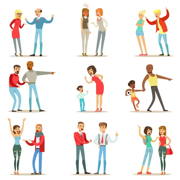 People Fighting And Quarrelling Making A Loud Public Scandal Collection Of Cartoon Characters Aggressive And Violent Behavior Illustrations (dalam bahasa Inggris) Stok Vektor