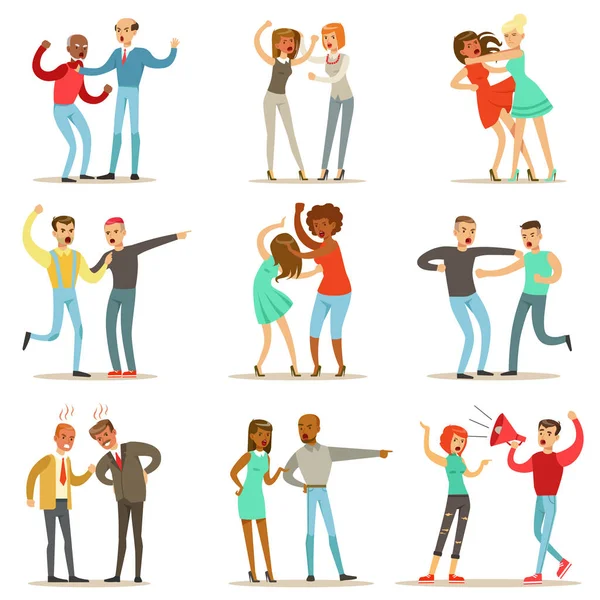 People Fighting And Quarrelling Making A Loud Public Scandal Collection Of Cartoon Characters Aggressive And Violent Behavior Illustrations (dalam bahasa Inggris) Stok Vektor