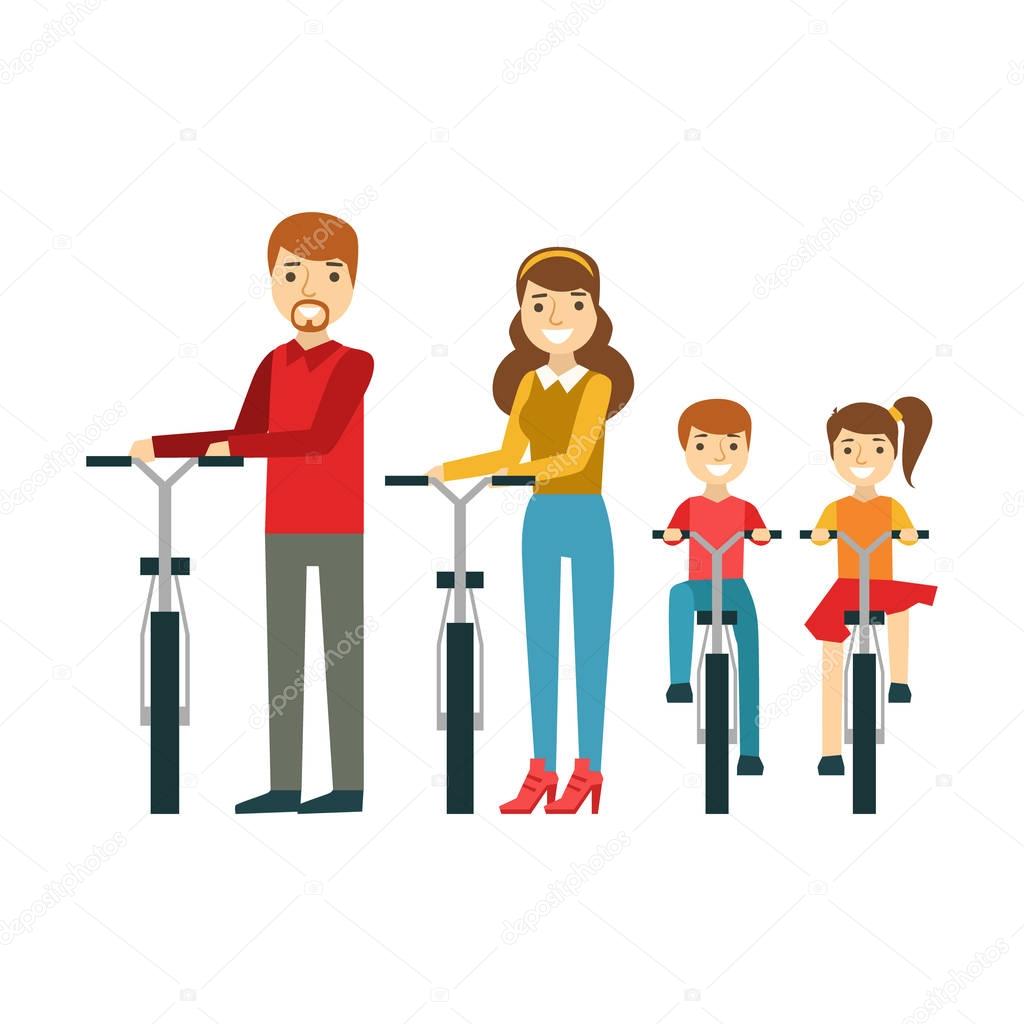 Parents And Kids With Bicycles In Park, Happy Family Having Good Time Together Illustration