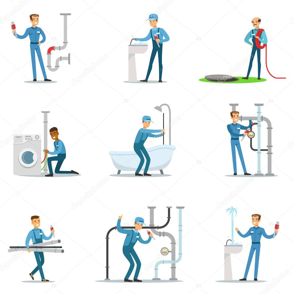 Plumber And Water Supply Plumbing Specialist At Work Doing Repairs Set Of Cartoon Character Scenes