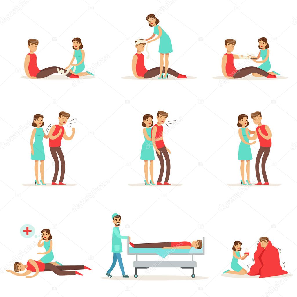 Woman Following Firs Aid Primary And Secondary Emergency Treatment Procedures Collection Of Infographic Illustrations