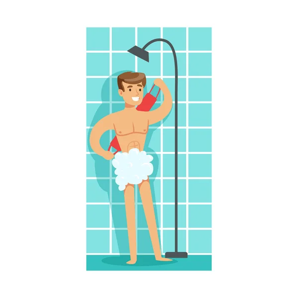 Man Washing Himself With Washcloth In Shower, Part Of People In The Bathroom Doing Their Routine Hygiene Procedures Series — Stock Vector