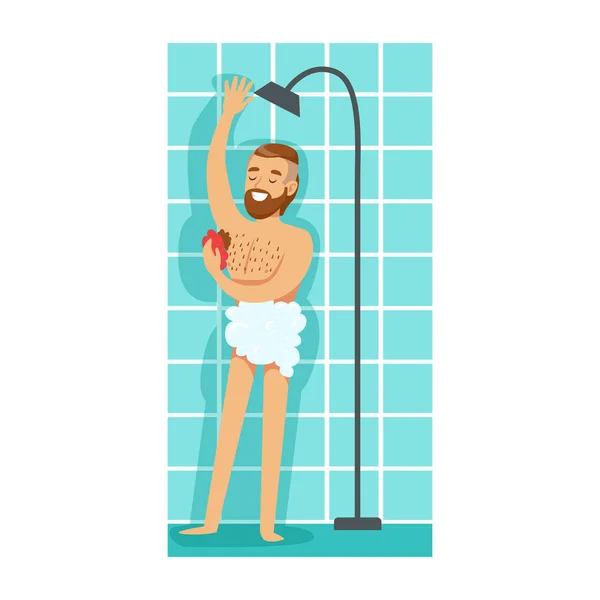 Man Washing Himself With Washcloth In Shower, Part Of People In The Bathroom Doing Their Routine Hygiene Procedures Series — Stock Vector