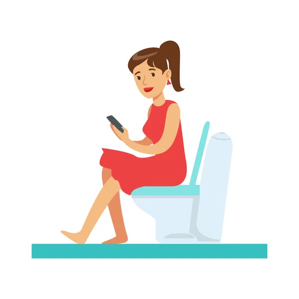 Žena s miniaplikaci na WC, část lidí v koupelně dělá jejich série postupy rutinní hygiena — Stockový vektor