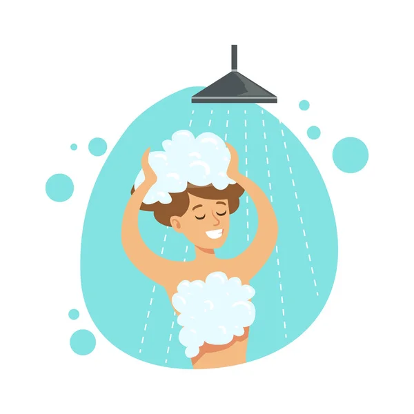 Girl Washing Hair In Shower, Part Of People In The Bathroom Doing Their Routine Hygiene Procedures Series — Stock Vector