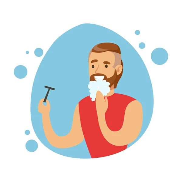 Hombre afeitándose la barba, parte de la gente en el baño haciendo su serie de procedimientos de higiene rutinaria — Vector de stock