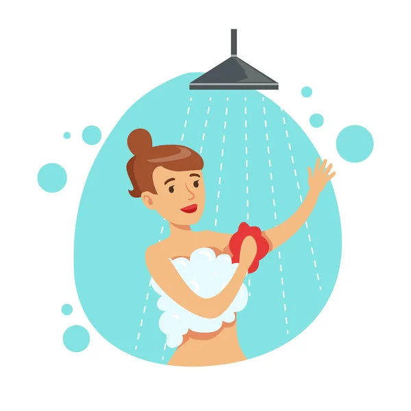 Mujer lavándose con esponja en la ducha, parte de la gente en el baño haciendo su serie de procedimientos de higiene rutinaria — Archivo Imágenes Vectoriales
