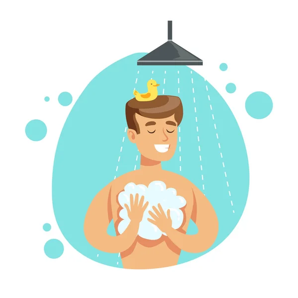 Hombre lavándose con jabón en la ducha, parte de la gente en el baño haciendo su serie de procedimientos de higiene rutinaria — Vector de stock