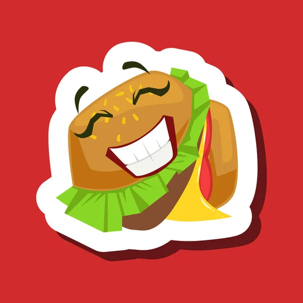 행복 미소 햄버거 샌드위치, 붉은 바탕에 귀여운 이모티콘 스티커 — 스톡 벡터