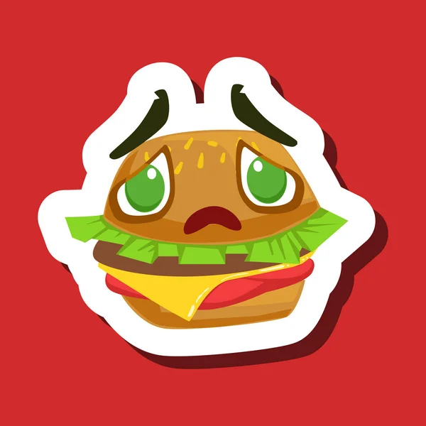 Disappointed And Sad Burger Sandwich, Cute Emoji Sticker On Red Background — Stock Vector