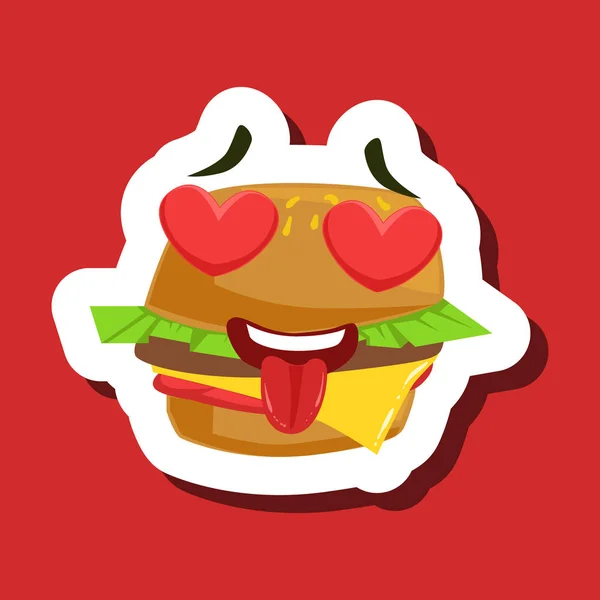 Aşk Burger sandviçle gözleri, kırmızı bir arka plan üzerinde şirin Emoji etiket kalbimizde — Stok Vektör