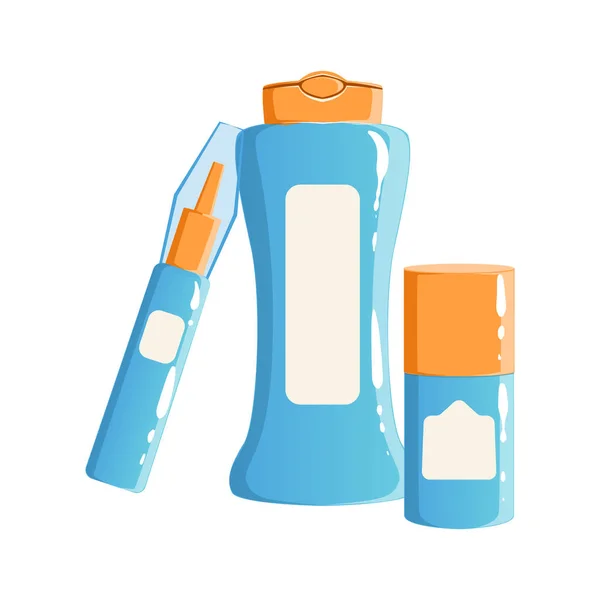 Kräm, Lotion och Body Oil i blå plastbehållare, skönhet och hudvård produkt linje in malldesign — Stock vektor