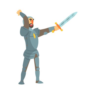 Tam vücut zırh ve kılıç masal karikatür çocuksu karakteri ile saldıran knight