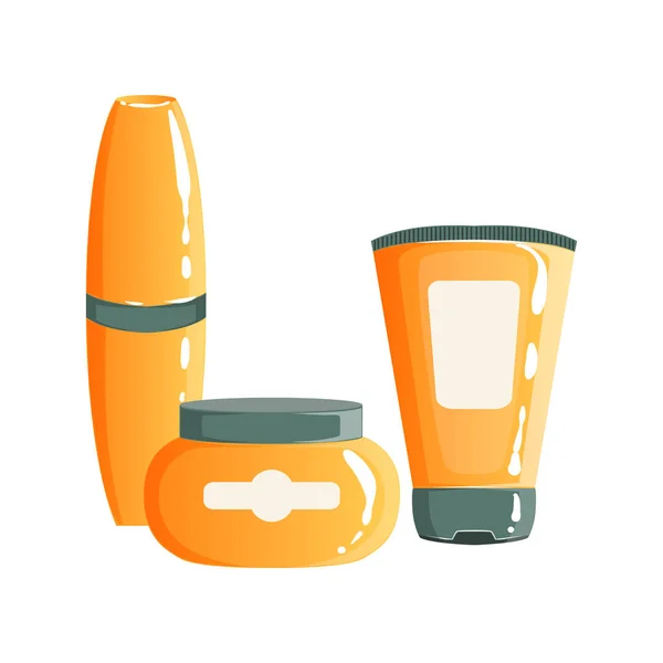 Crema, gel e Maskara in contenitori di plastica arancione, bellezza e cura della pelle Linea di prodotti Set Template Design — Vettoriale Stock