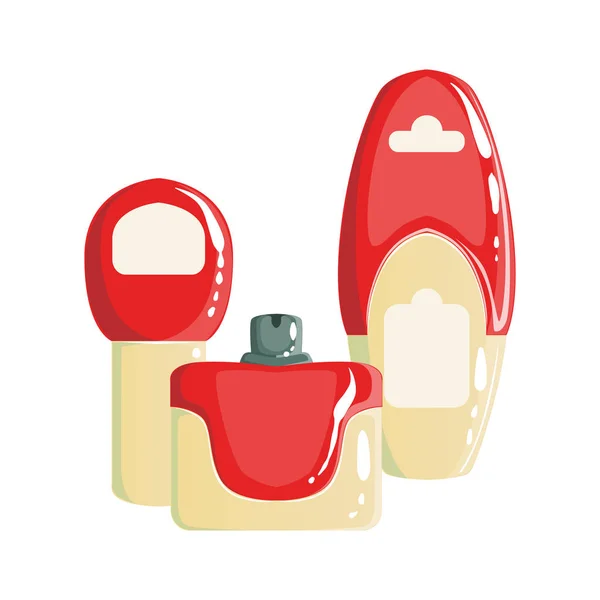 Krema, şampuan ve parfüm kapları, güzellik ve cilt bakım ürün hattı ayarla tasarım şablonu — Stok Vektör