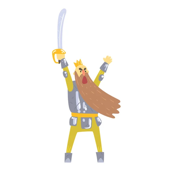 Guerrero Rey con espada y armadura con barba larga gritando en el campo de batalla cuento de hadas de dibujos animados carácter infantil — Archivo Imágenes Vectoriales