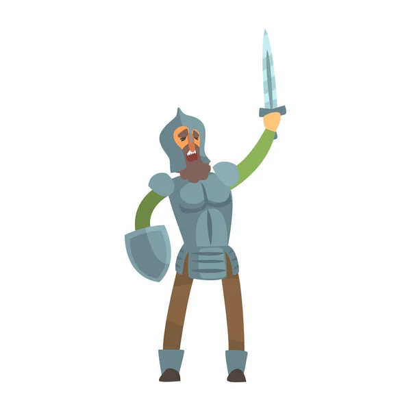 Caballero líder ataque con espada y escudo cuento de hadas de dibujos animados carácter infantil — Vector de stock