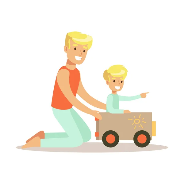 Papá e hijo jugando con el coche de cartón, padre cariñoso disfrutando de buena calidad papá tiempo con el niño feliz — Vector de stock