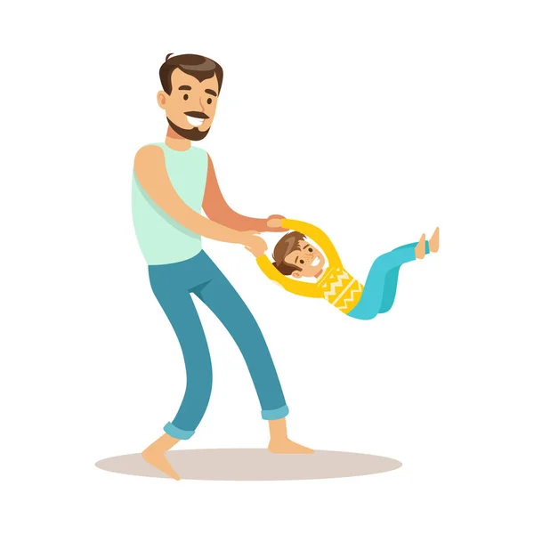 Papá dando un balanceo a su hijo, padre cariñoso disfrutando de buena calidad papá tiempo con el niño feliz — Vector de stock