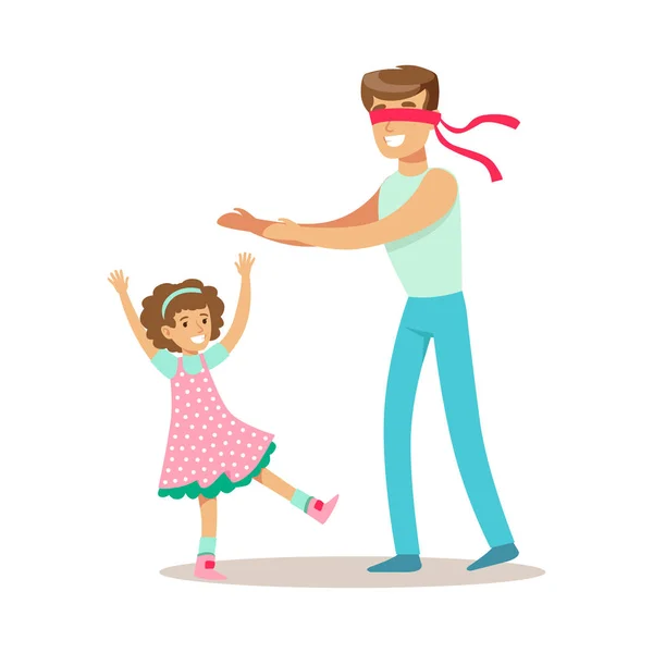 Dad Playing Hide And Seek With Daughter, Loving Father Enjoying Good Quality Daddy Time With Happy Kid — Stock Vector