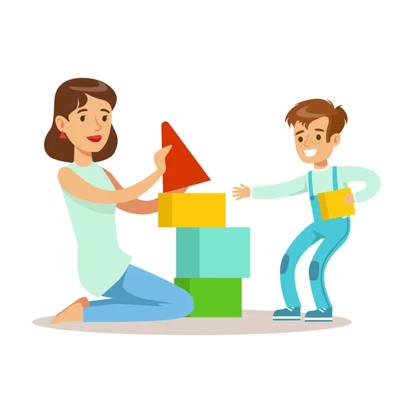 Mãe brincando blocos com seu filho, amando a mãe desfrutando de boa qualidade mamãe tempo com feliz garoto — Vetor de Stock