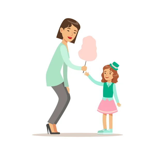 Mom Giving Cotton Candy To Daughter, Loving Mother Enjoying Good Quality Mommy Time With Happy Kid — Stock Vector