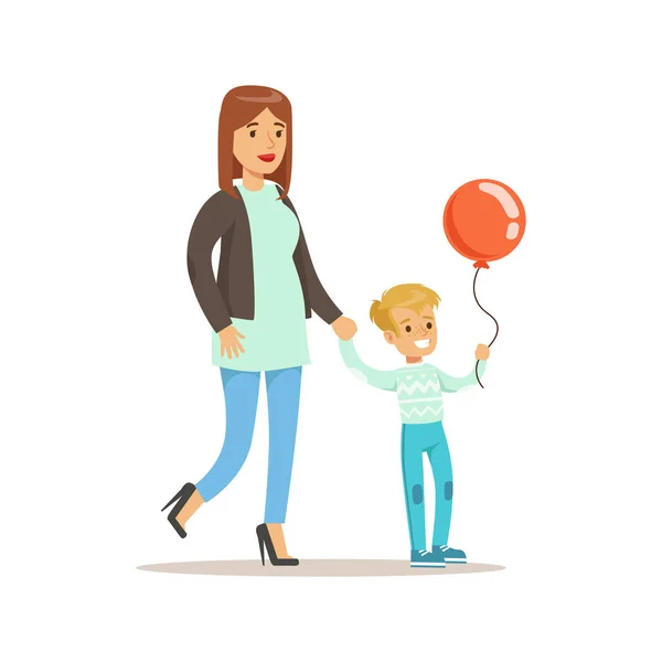 Mutter und Sohn spazieren im Freien, liebevolle Mutter genießt gute Mutti-Zeit mit glücklichem Kind — Stockvektor